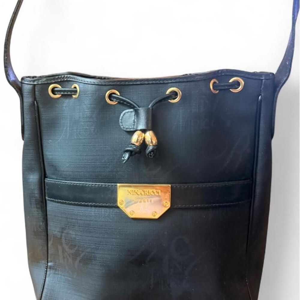 Vintage Nina Ricci Paris Black Monogram Drawstring Bucket Shoulder Bag Italy